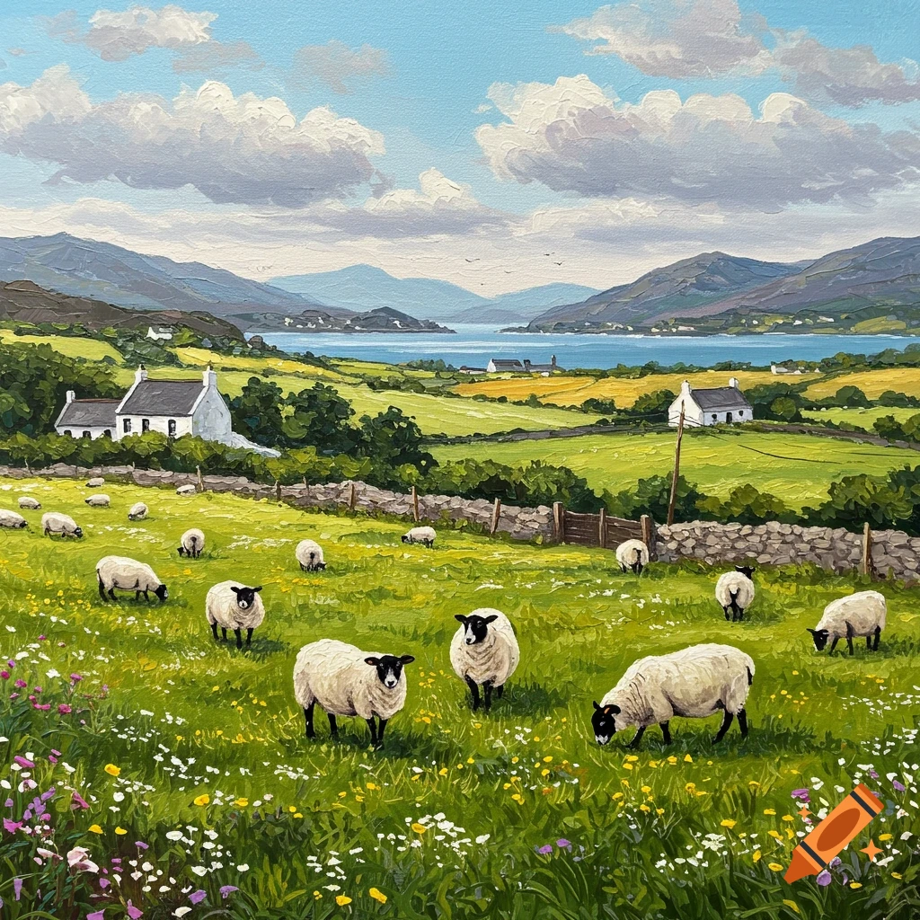 Acrylic painting of sheep grazing in a lush green field with houses, mountains, and water in the background.