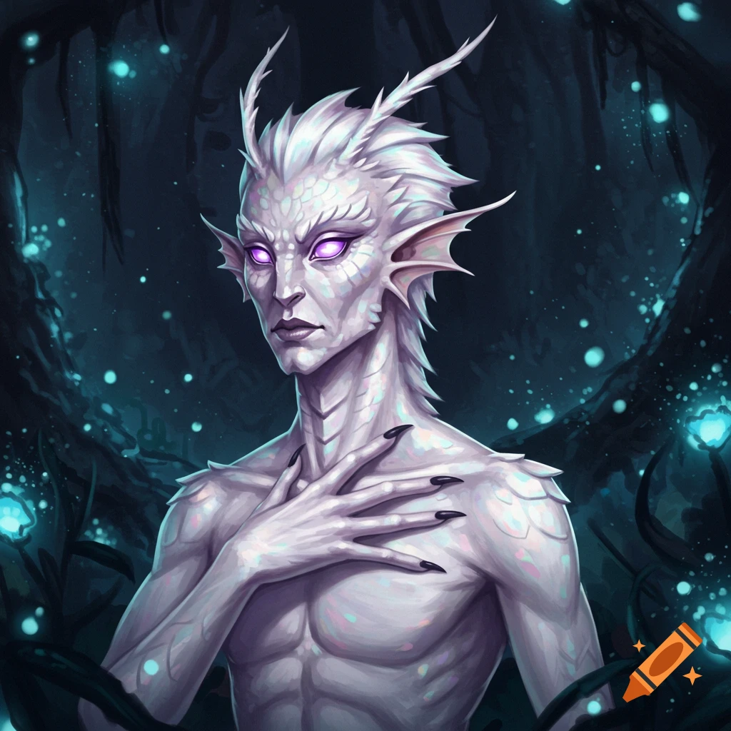 White-scaled humanoid fantasy creature with purple glowing eyes in a dark forest.