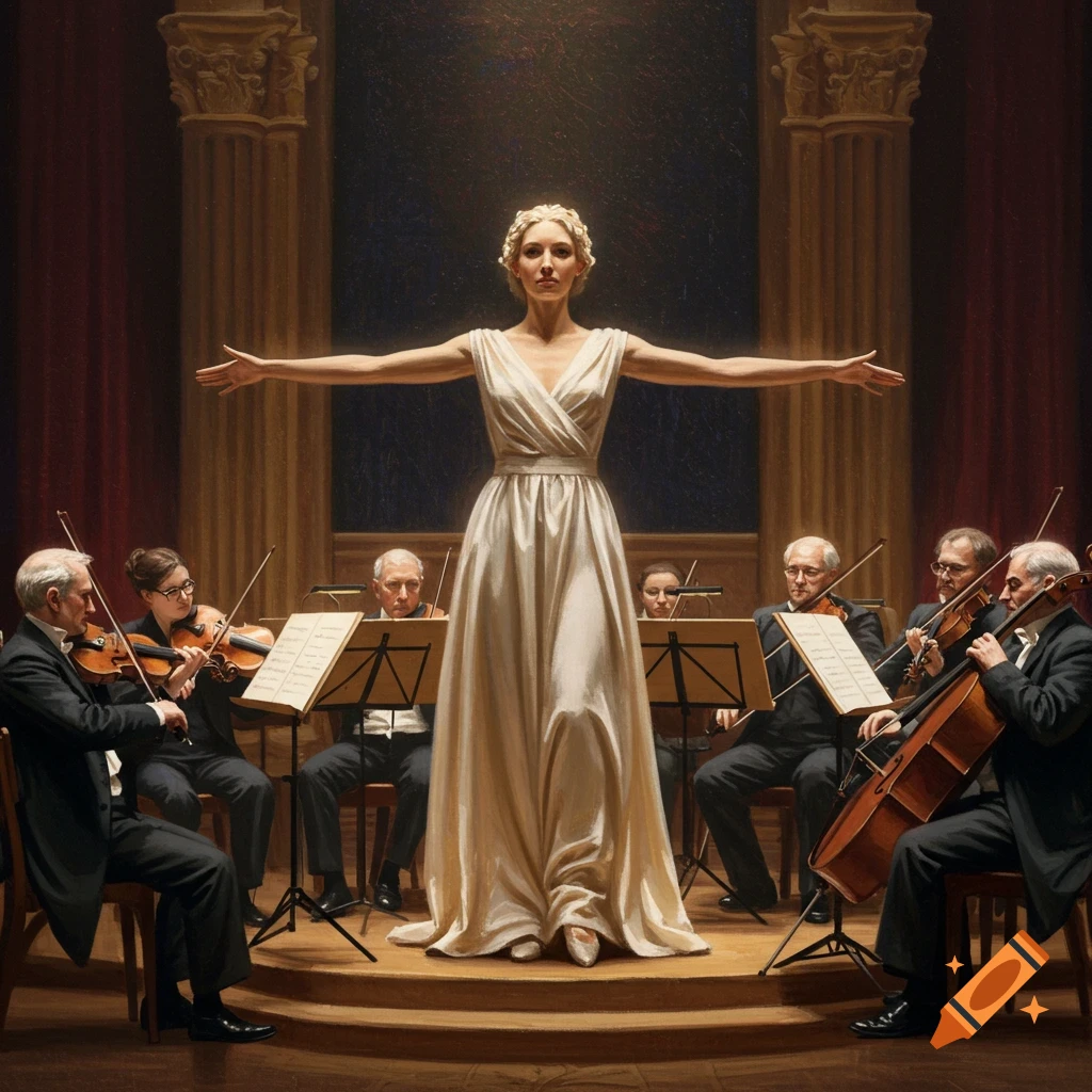 An opera singer standing on a stage with arms wide, an orchestra playing behind them.