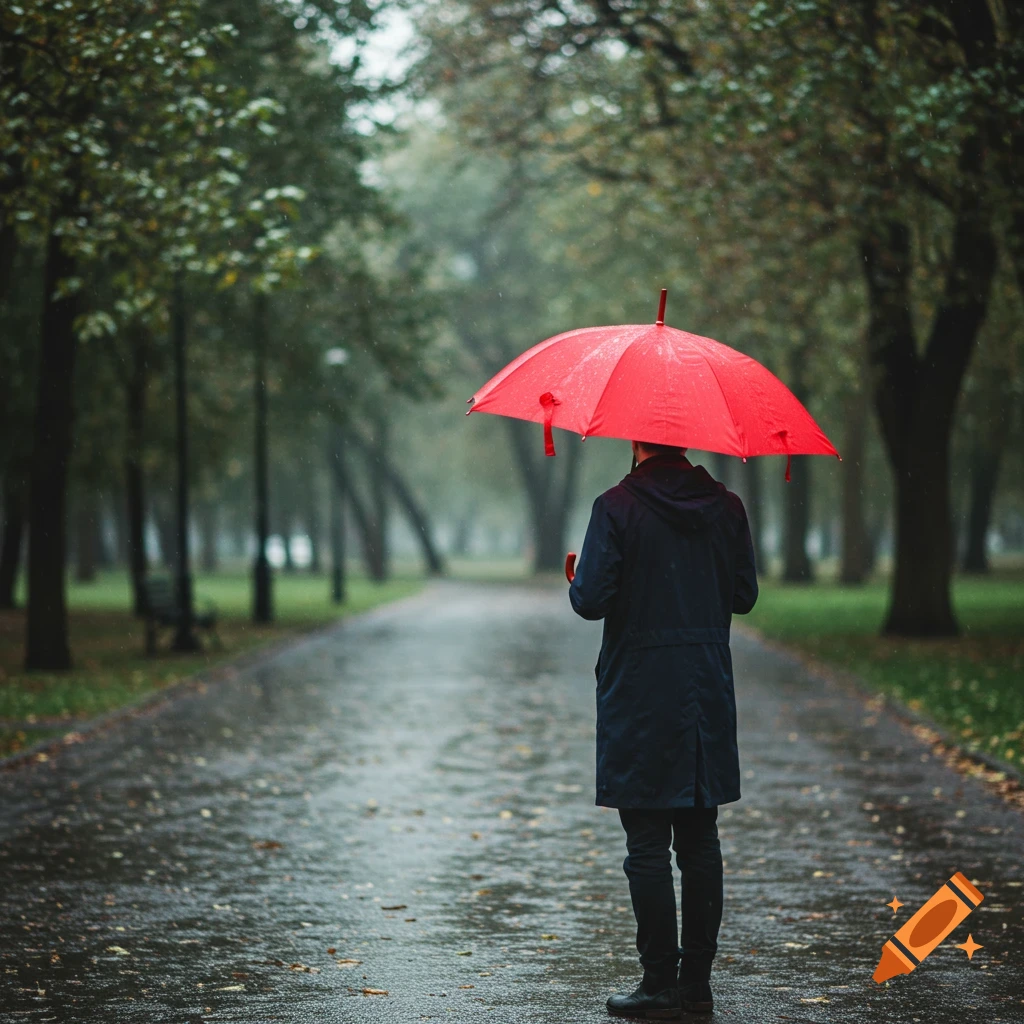 Person holding a red umbrella walking in a rainy park