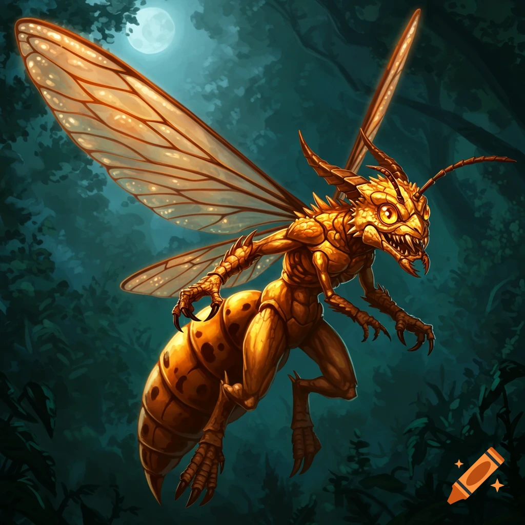 A monstrous wasp creature with human-like legs and arms is flying in a dark forest under a full moon.