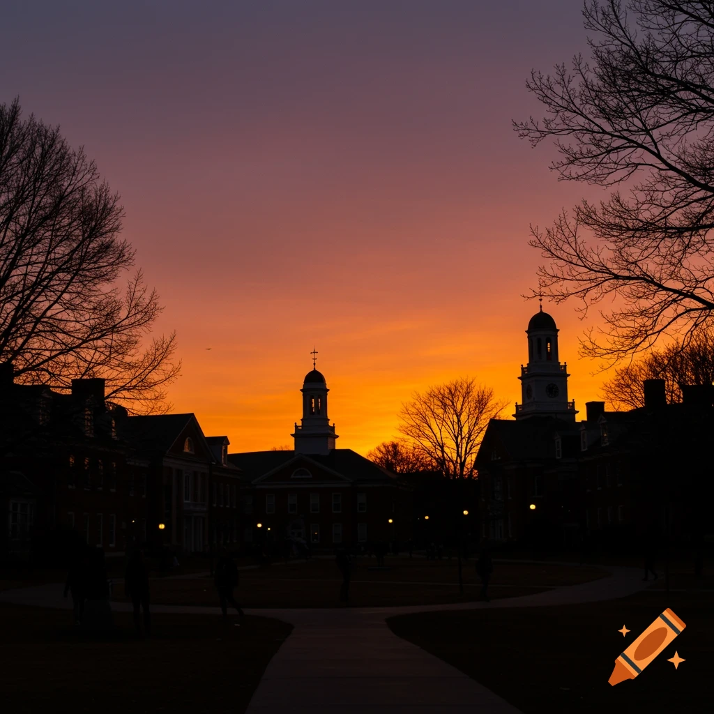 Silhouette of a college campus quad at sunset with buildings and trees against an orange and purple sky.