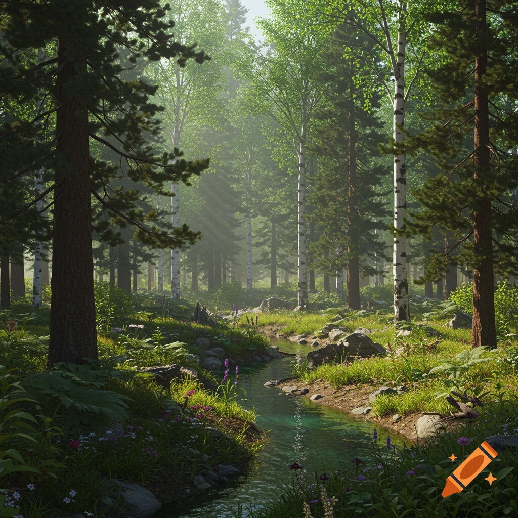 A photorealistic depiction of a lush forest with sunlight streaming through trees, a stream flows through the scene.