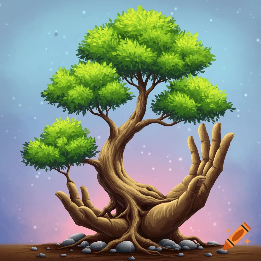 A tree with roots resembling hands gripping the ground and branches that reach upwards like hands towards a starry sky.