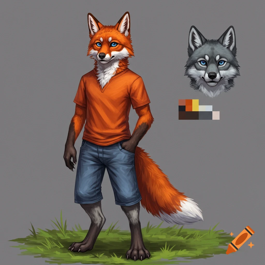 Anthropomorphic fox-wolf standing in shorts and a t-shirt, with a wolf headshot and color palette.