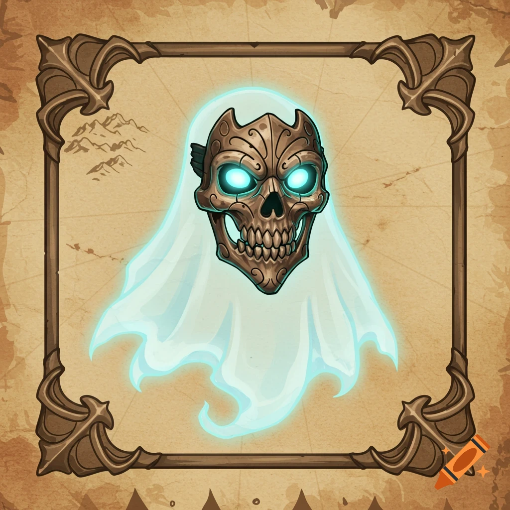 A stylized ghost skull mask with glowing eyes on a fantasy map background, framed as an icon.