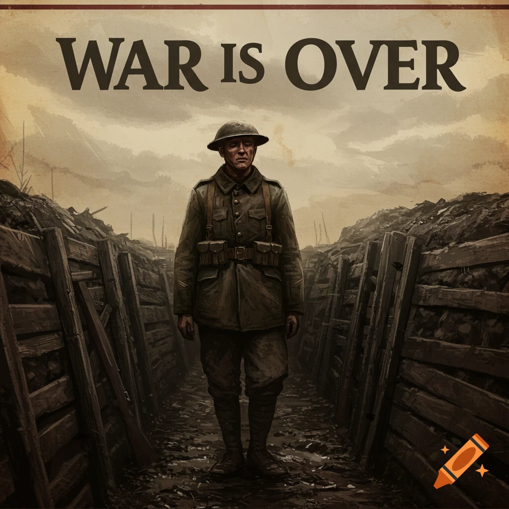 WWI soldier standing alone in a trench with the text 'WAR IS OVER' above him.