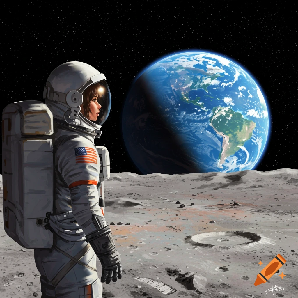 An astronaut in a spacesuit stands on the surface of the moon, looking at the Earth rising in the distance.