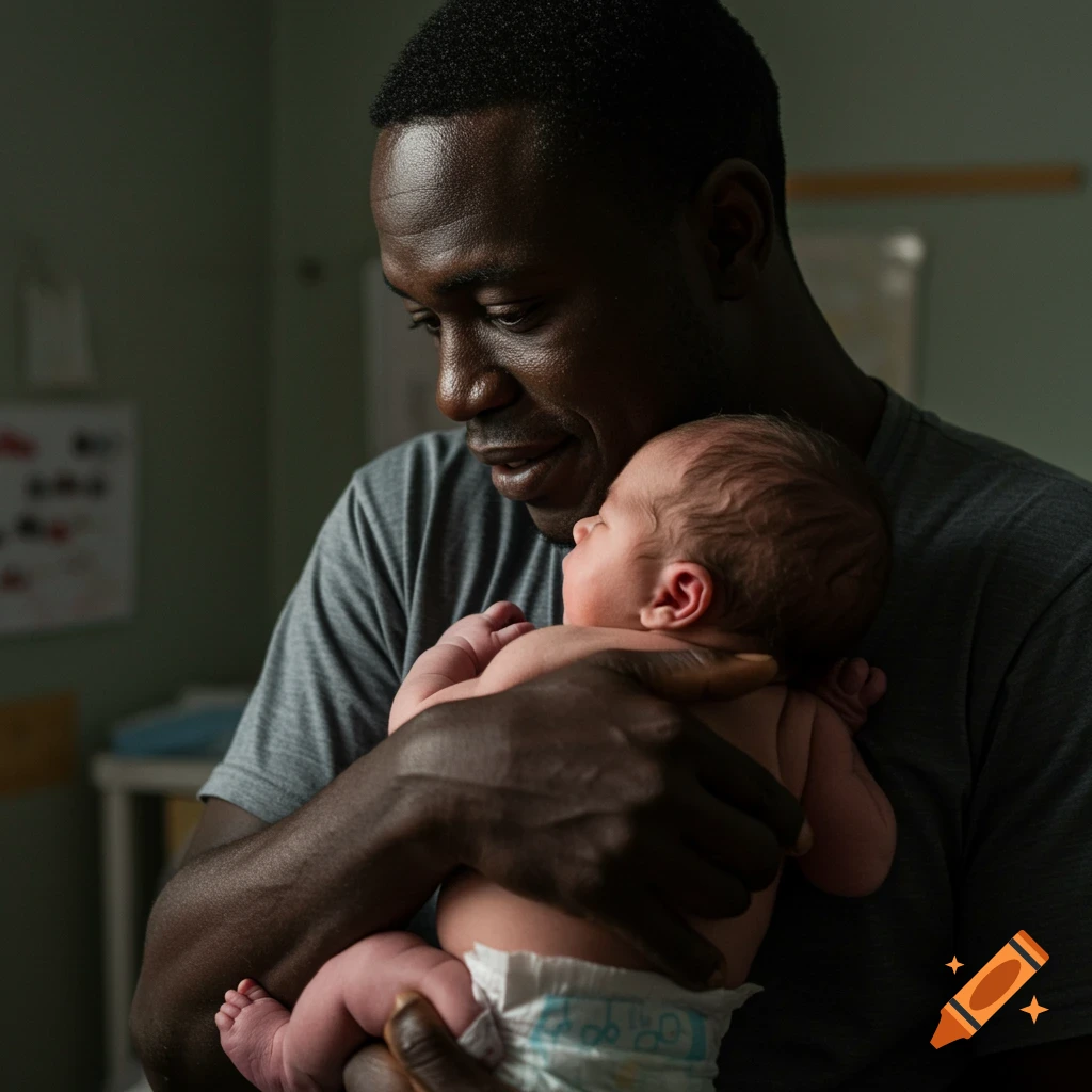 Close-up of a Black man tenderly holding a newborn baby.