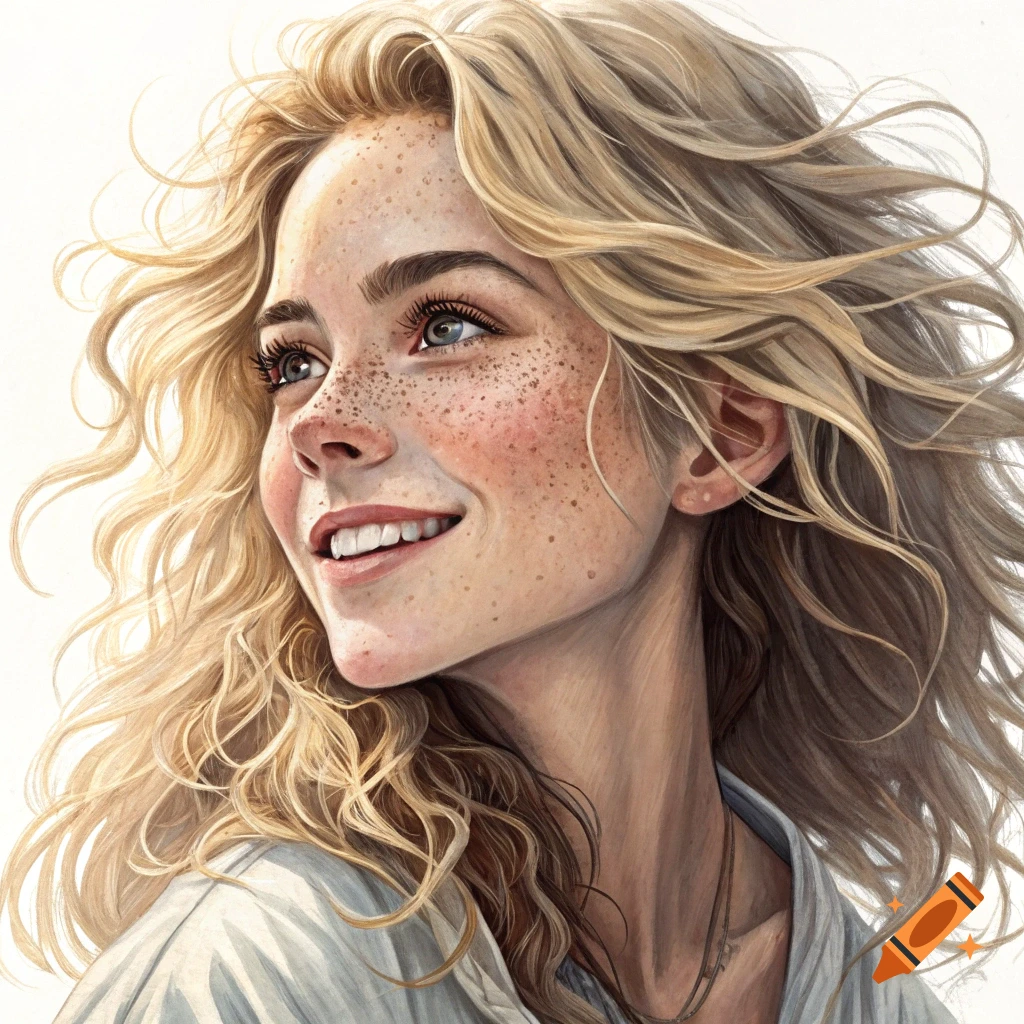 Detailed illustration of a young woman with blonde hair and freckles smiling and looking up.