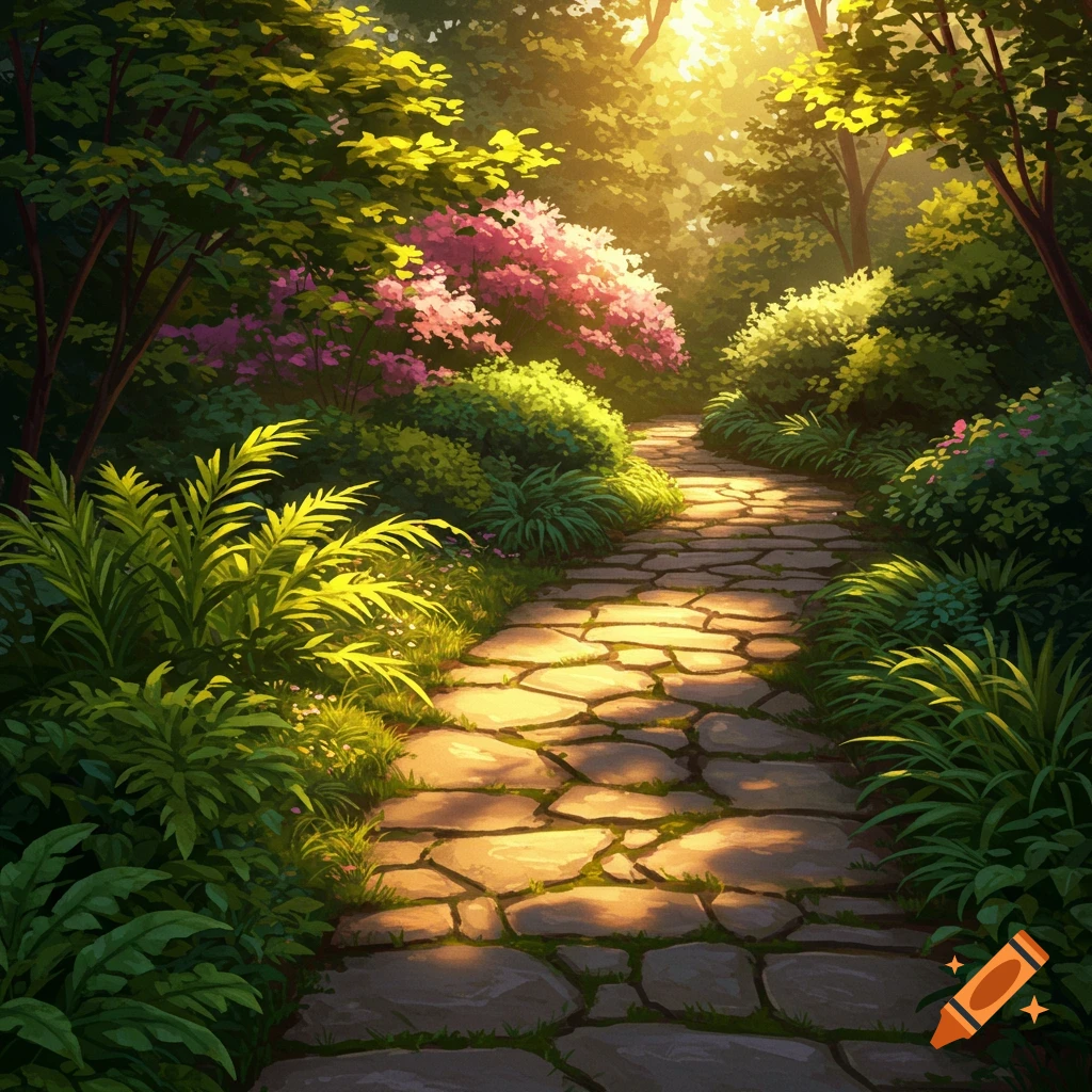A sunlit stone pathway through a lush garden