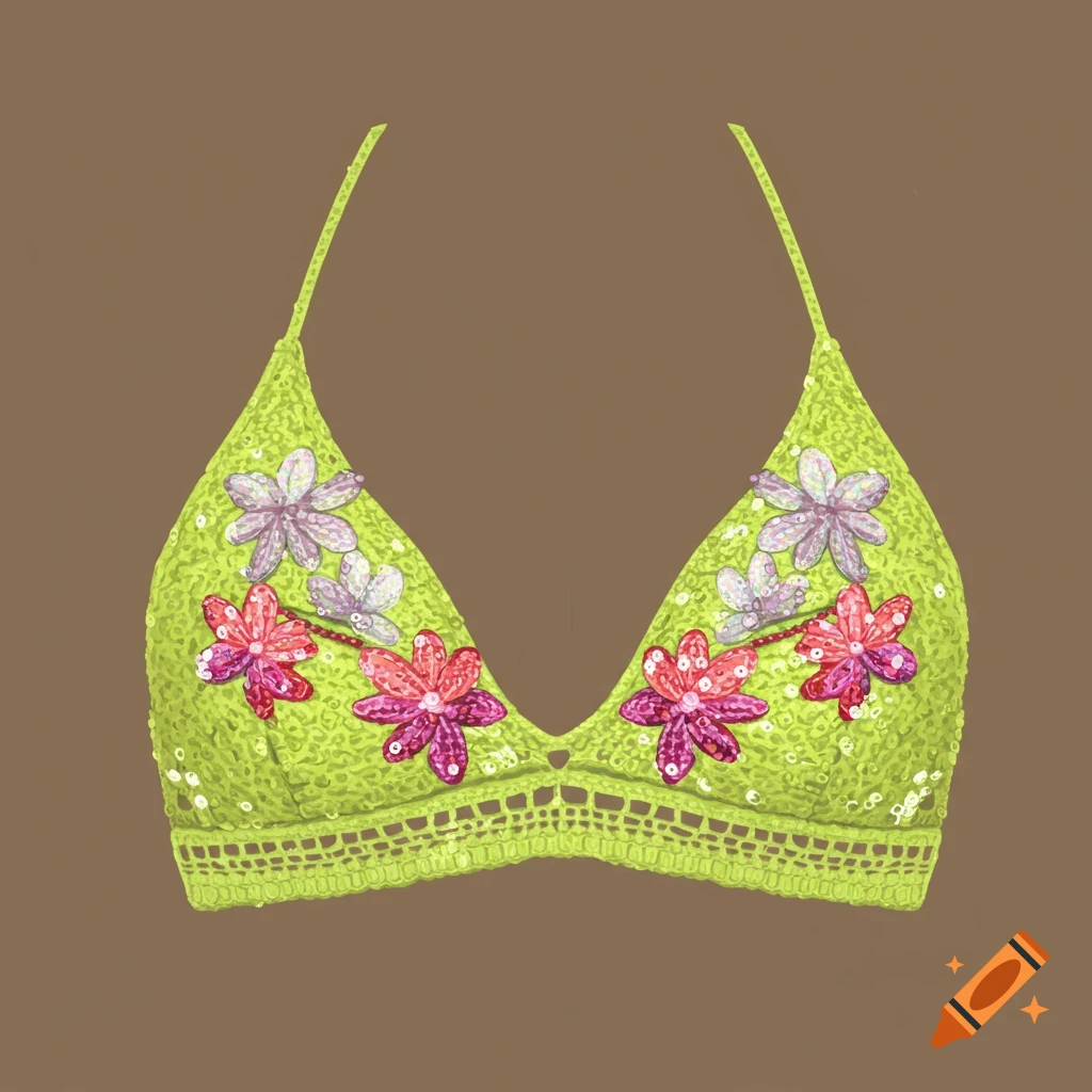 A lime green crochet bikini top with sequin flowers against a brown background.