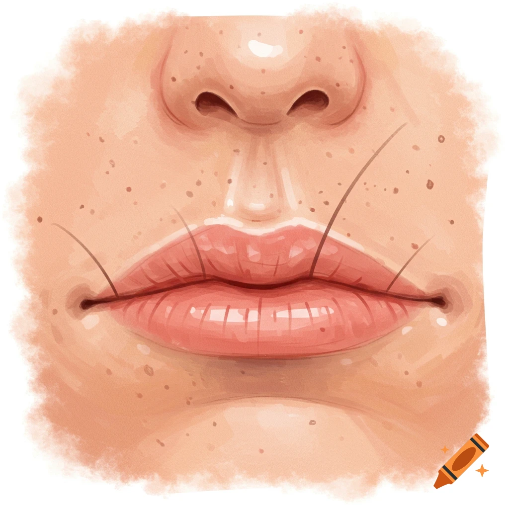 Close-up illustration of skin texture with freckles, mouth, and nose detail.