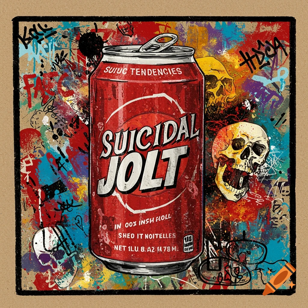 A soda can labeled 'Suicidal Jolt' is surrounded by skulls and colorful graffiti.