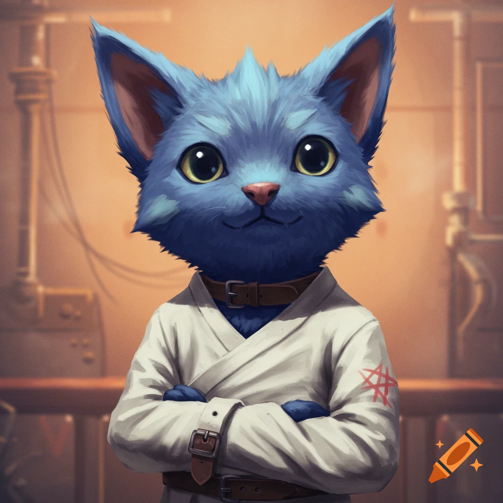 Blue cat-like creature in a straitjacket