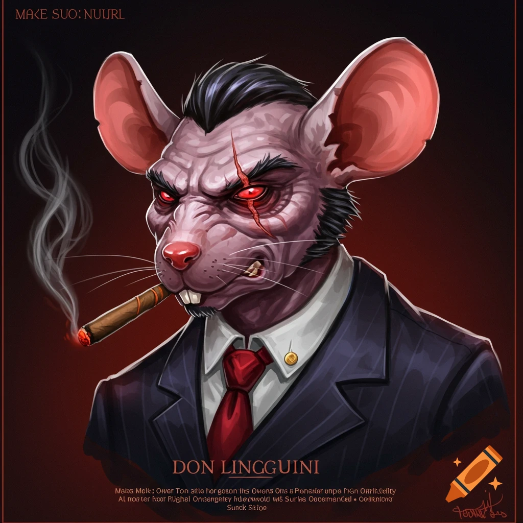 A menacing rat in a suit and tie, smoking a cigar. He has a scar and ...