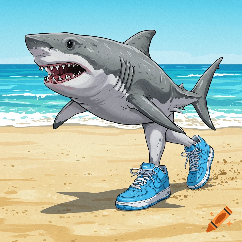 Cartoon shark wearing blue sneakers runs on a beach by the ocean.