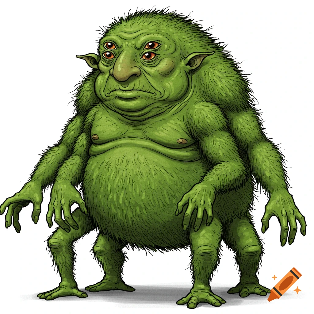 An illustration of a fat, green, hairy creature with four arms, four legs, and six eyes.