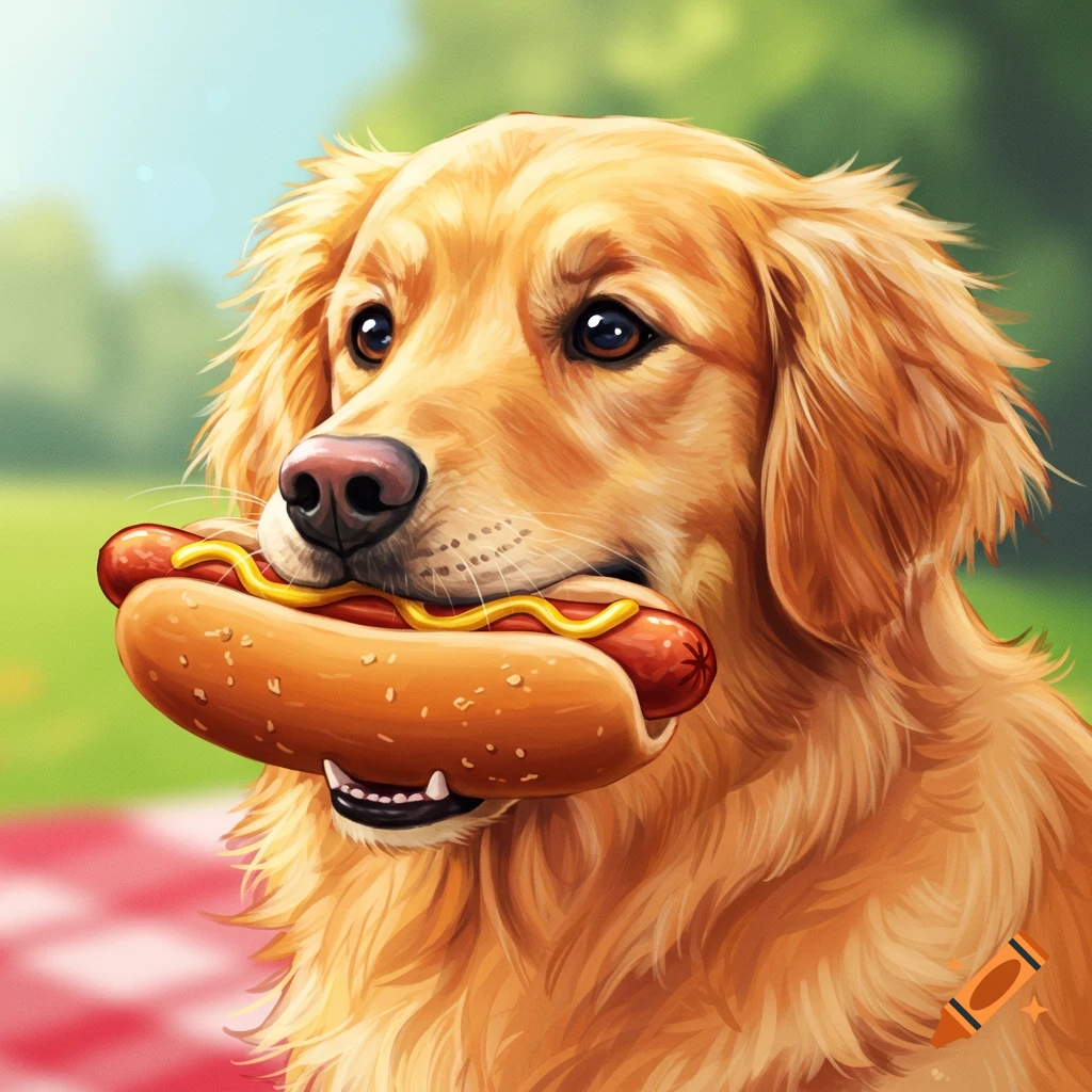 A golden retriever holds a hotdog in its mouth.