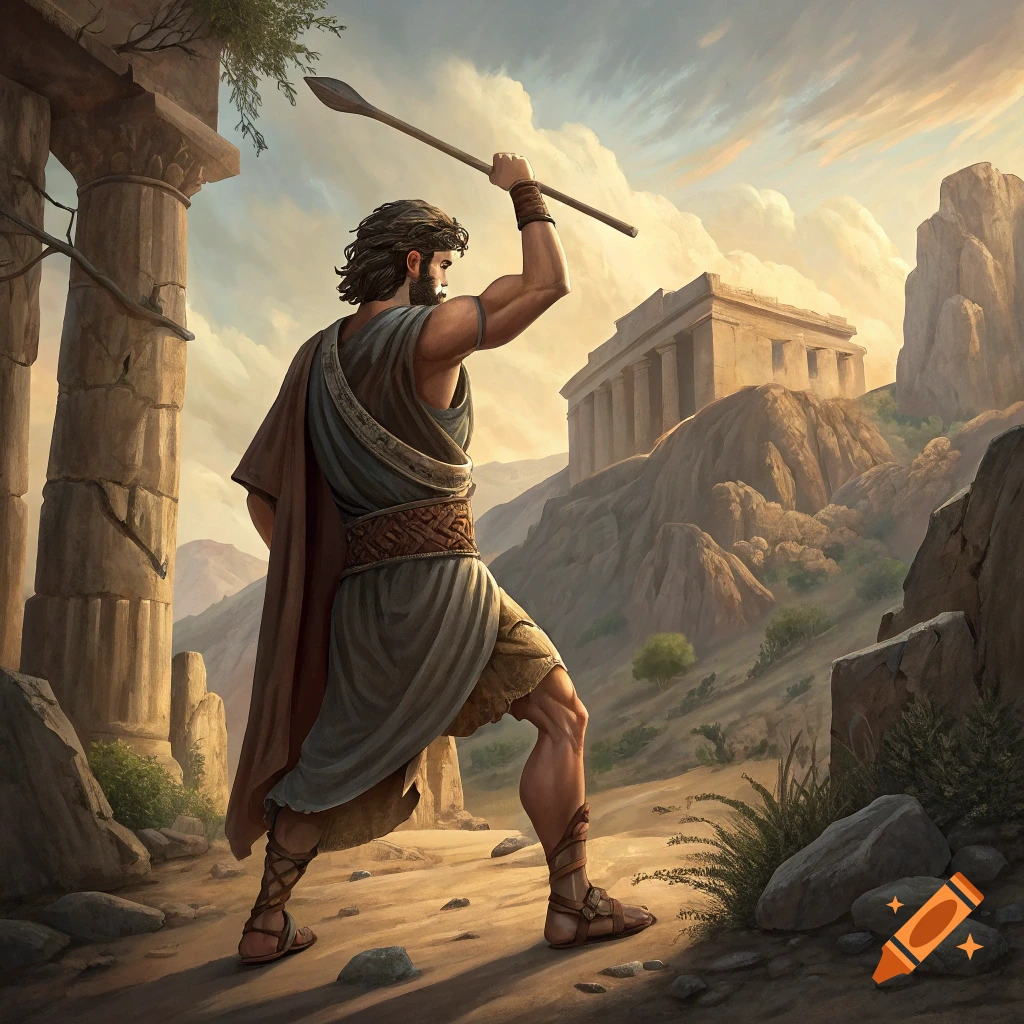 Figure in ancient robes raises a spear among ruins, overlooking a temple on a hill