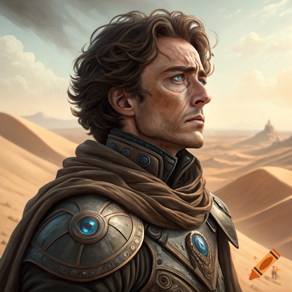 Portrait of a man in armor looking across sandy dunes.