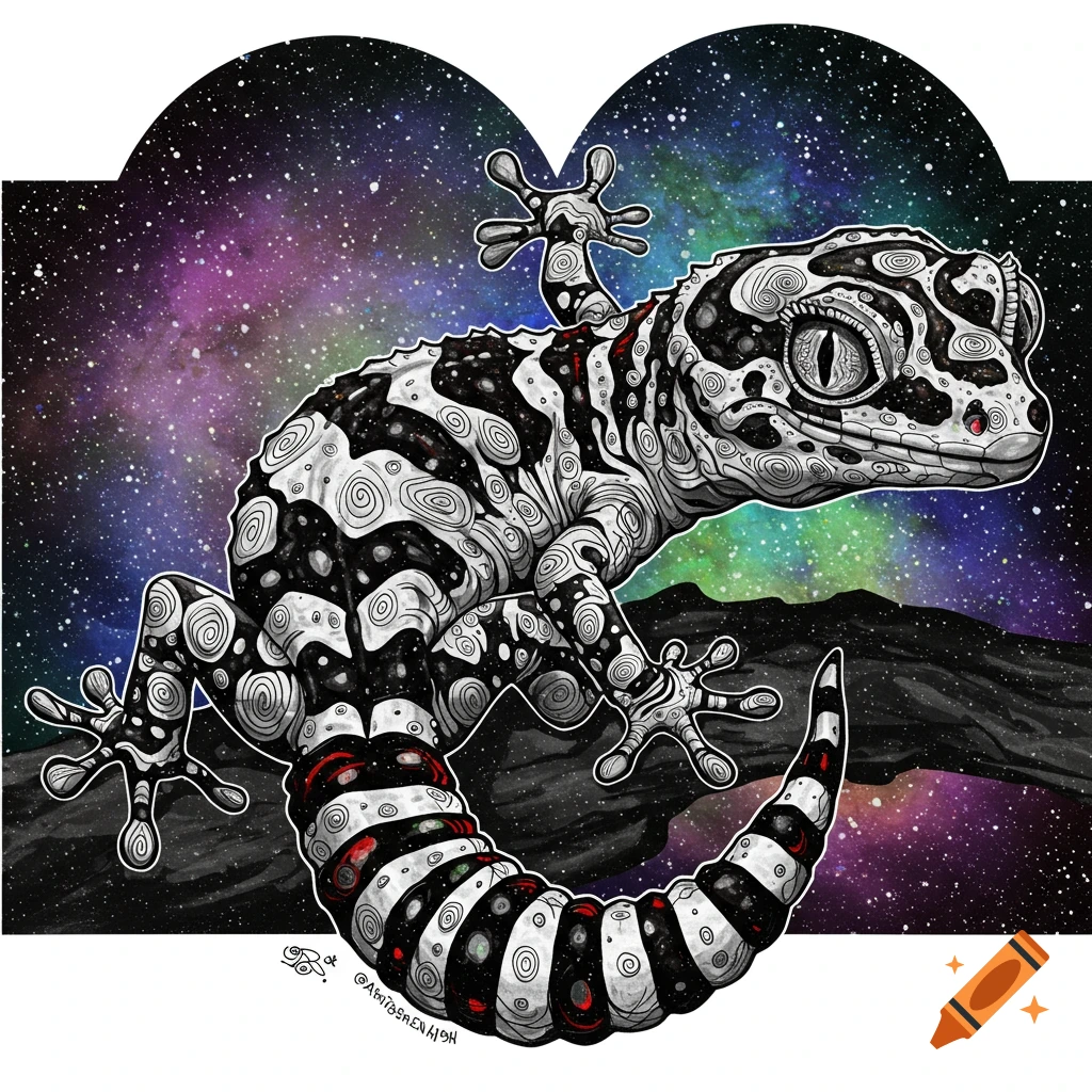 Stylized black and white gecko with red accents against a galaxy background, digital art.