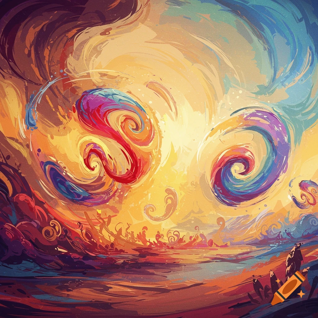 Abstract image with vibrant swirling shapes in orange, yellow, red, blue, and purple.