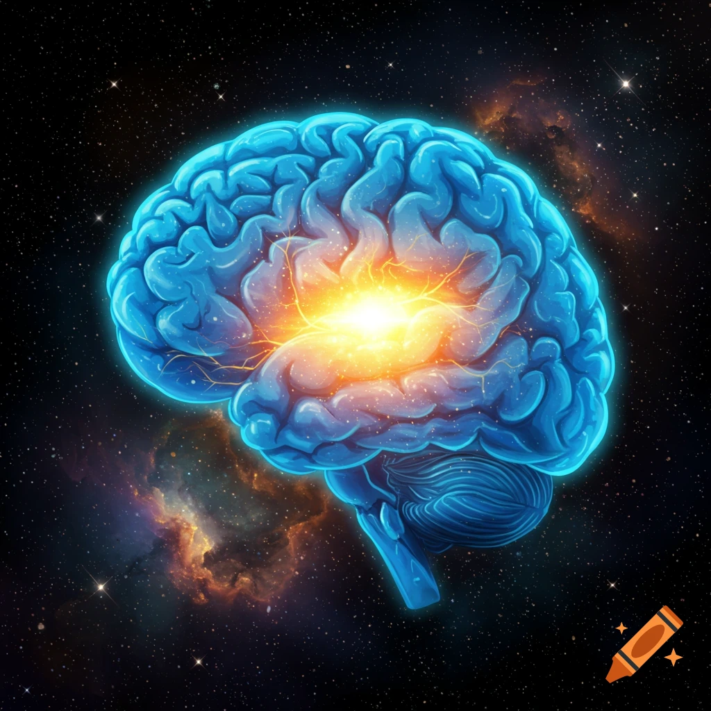 an illuminated brain in space