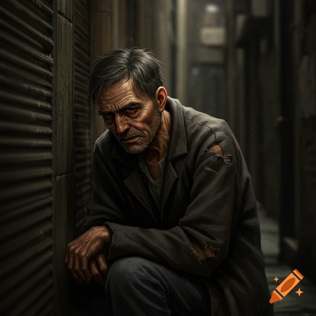 A man in torn clothes crouches in a dark alley, looking distressed.