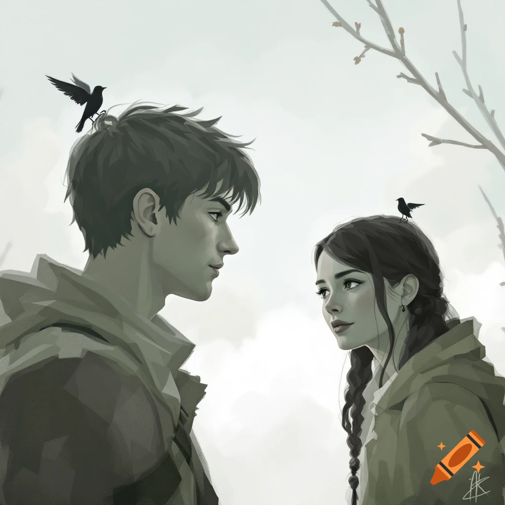 A young man and woman look at each other with birds perched on their heads.