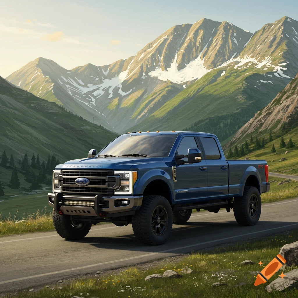 A blue Ford F-Series truck drives on a mountain road.