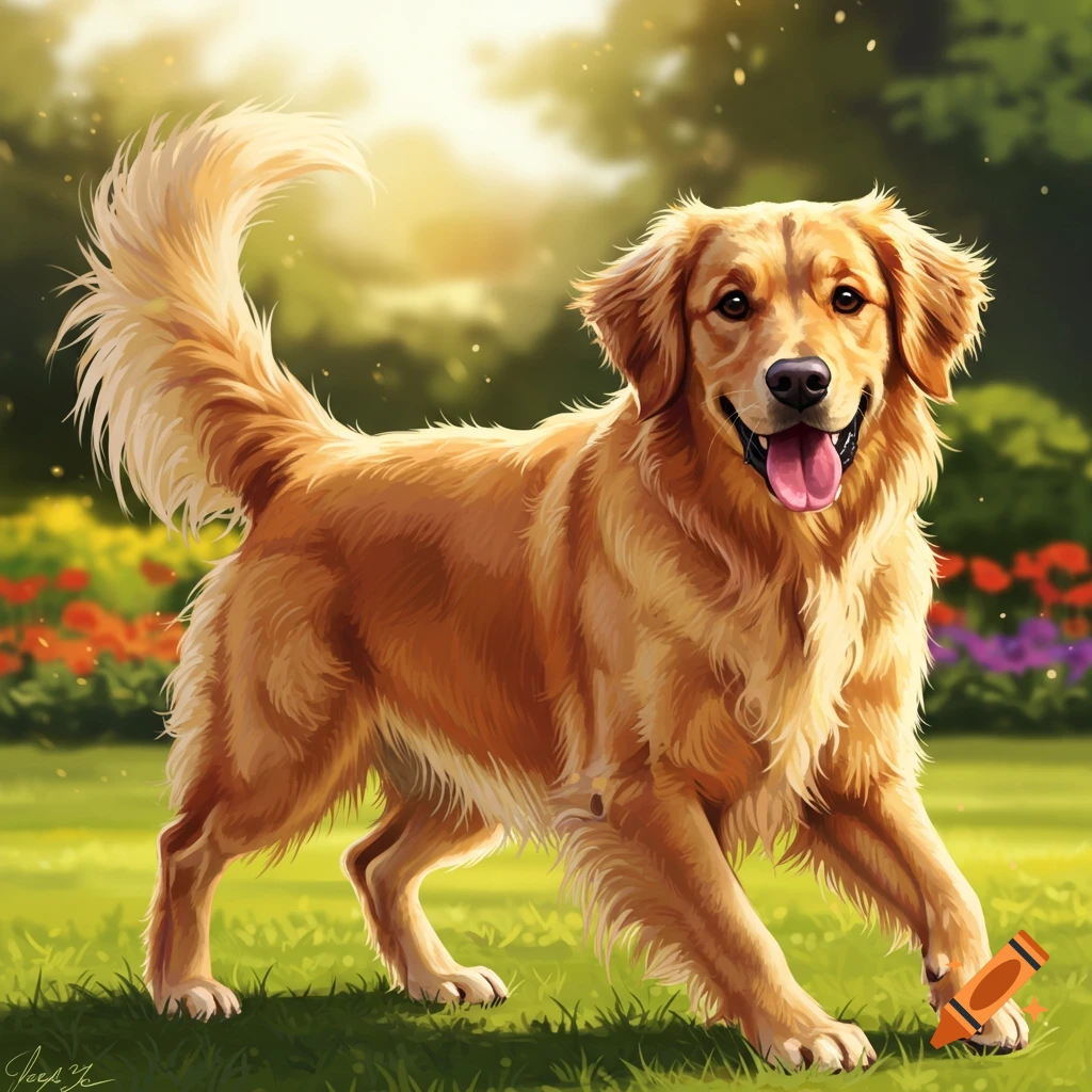 A happy Golden Retriever dog running in a sunny park.