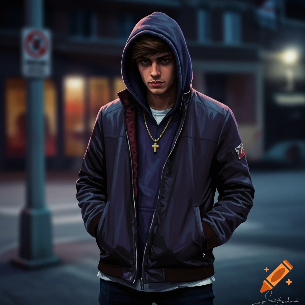 A young man in a dark hoodie and jacket stands on a blurred street at night.