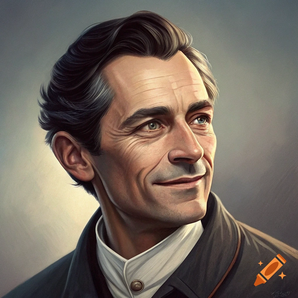 Detailed portrait illustration of a smiling man looking to the side.
