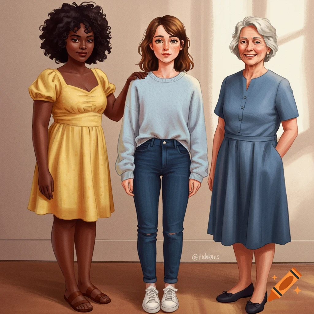 Three women of different ages and ethnicities standing together.