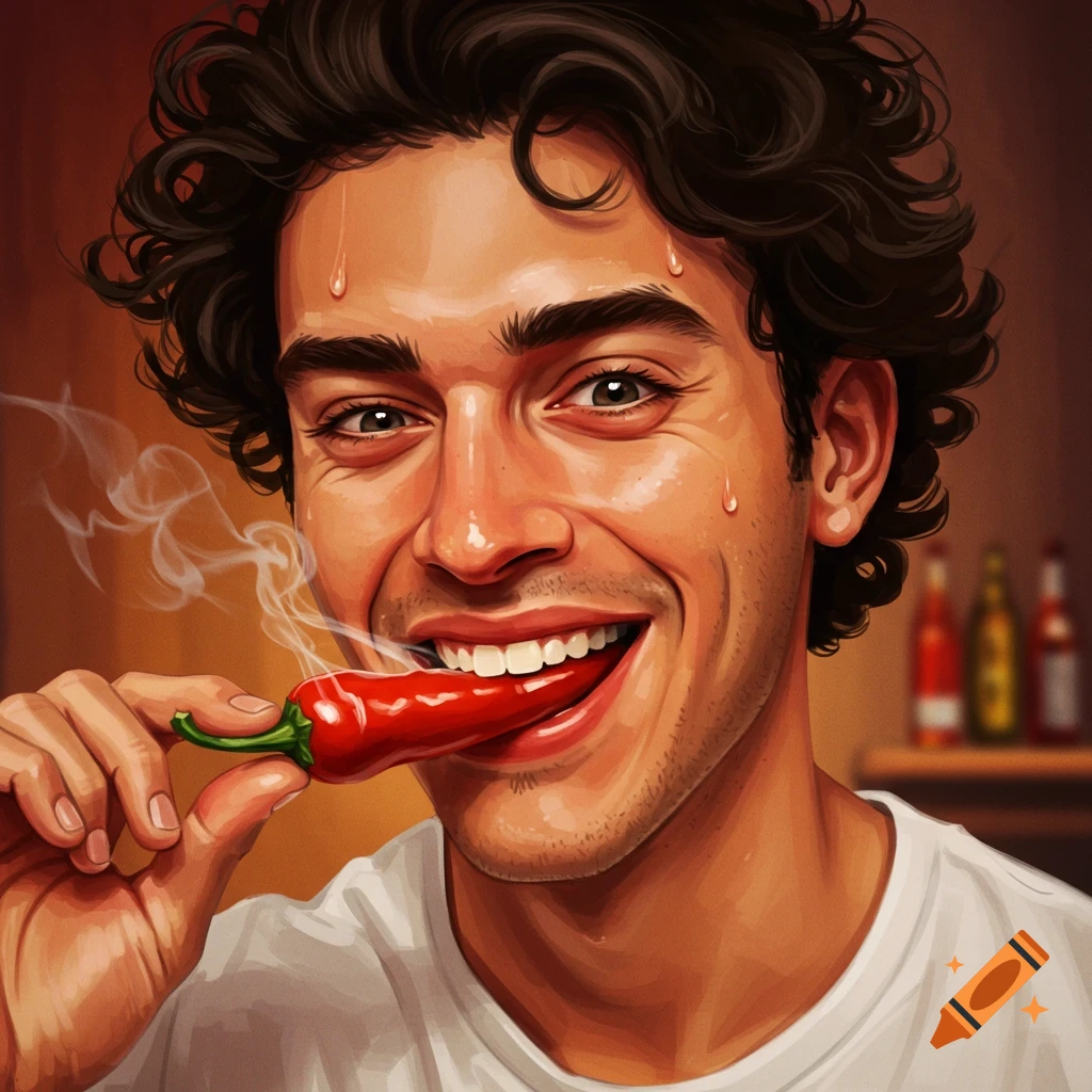 A man biting a spicy red chili pepper, sweat on his face.