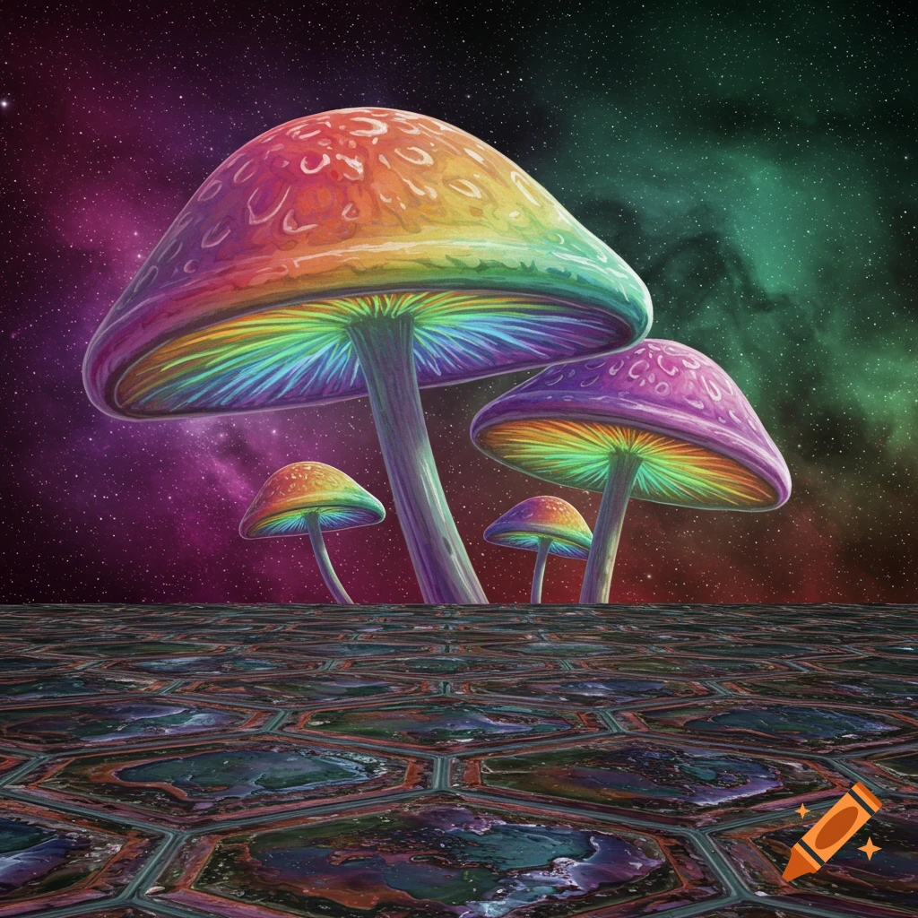 Rainbow colored mushrooms stand tall against a purple and green starry space background with a hexagonal patterned foreground.