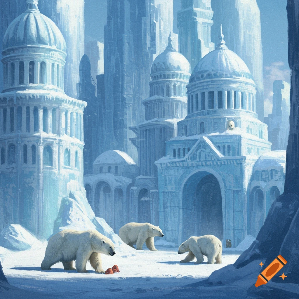 Polar bears roam through a snowy city constructed of ice buildings.
