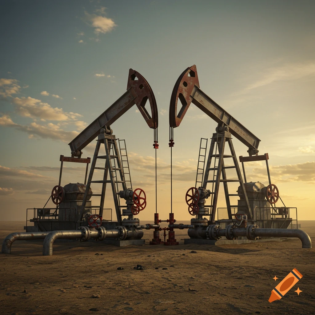 Two oil pumpjacks in a desert landscape at sunset, digital art