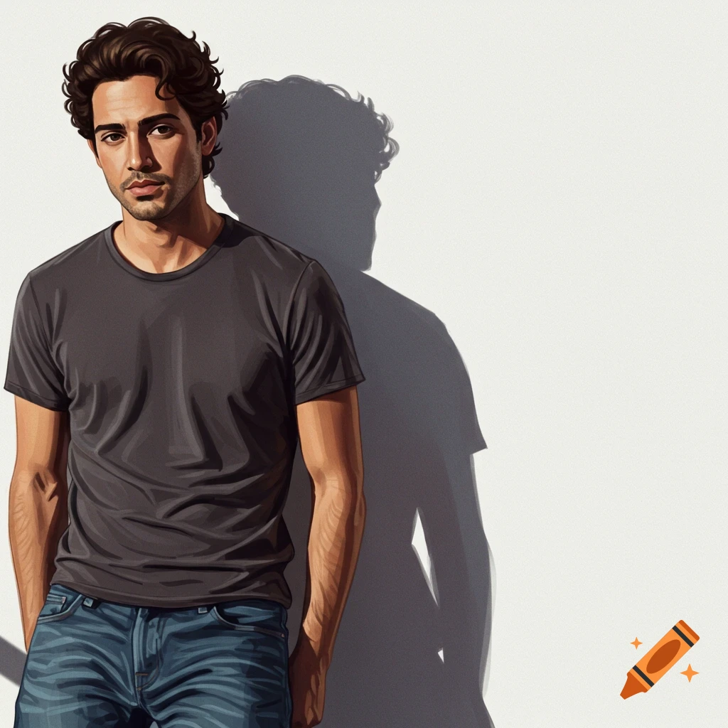 A man in a grey t-shirt and jeans stands against a white wall casting a shadow.