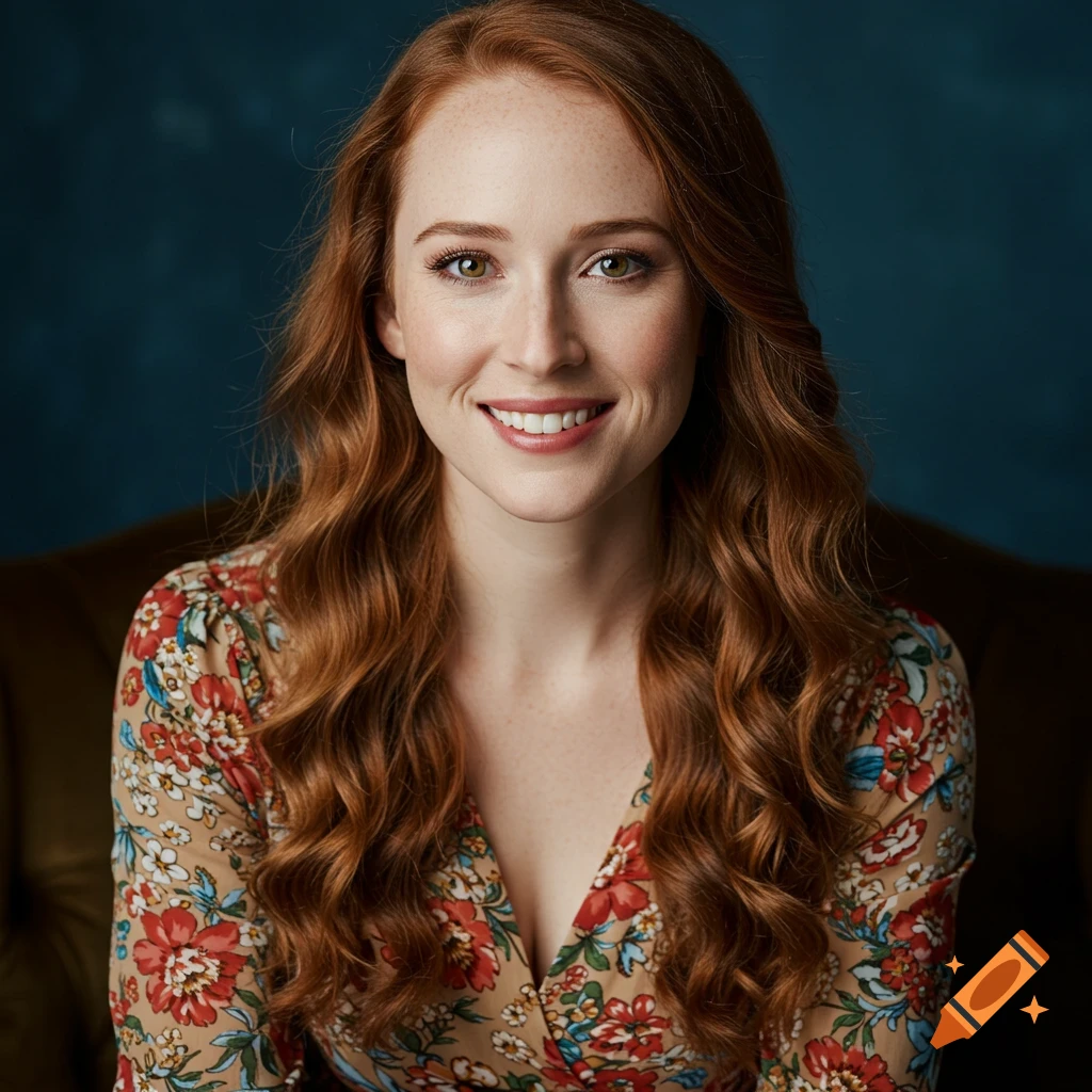 Photographic portrait of a young woman with red hair and freckles wearing a floral dress.