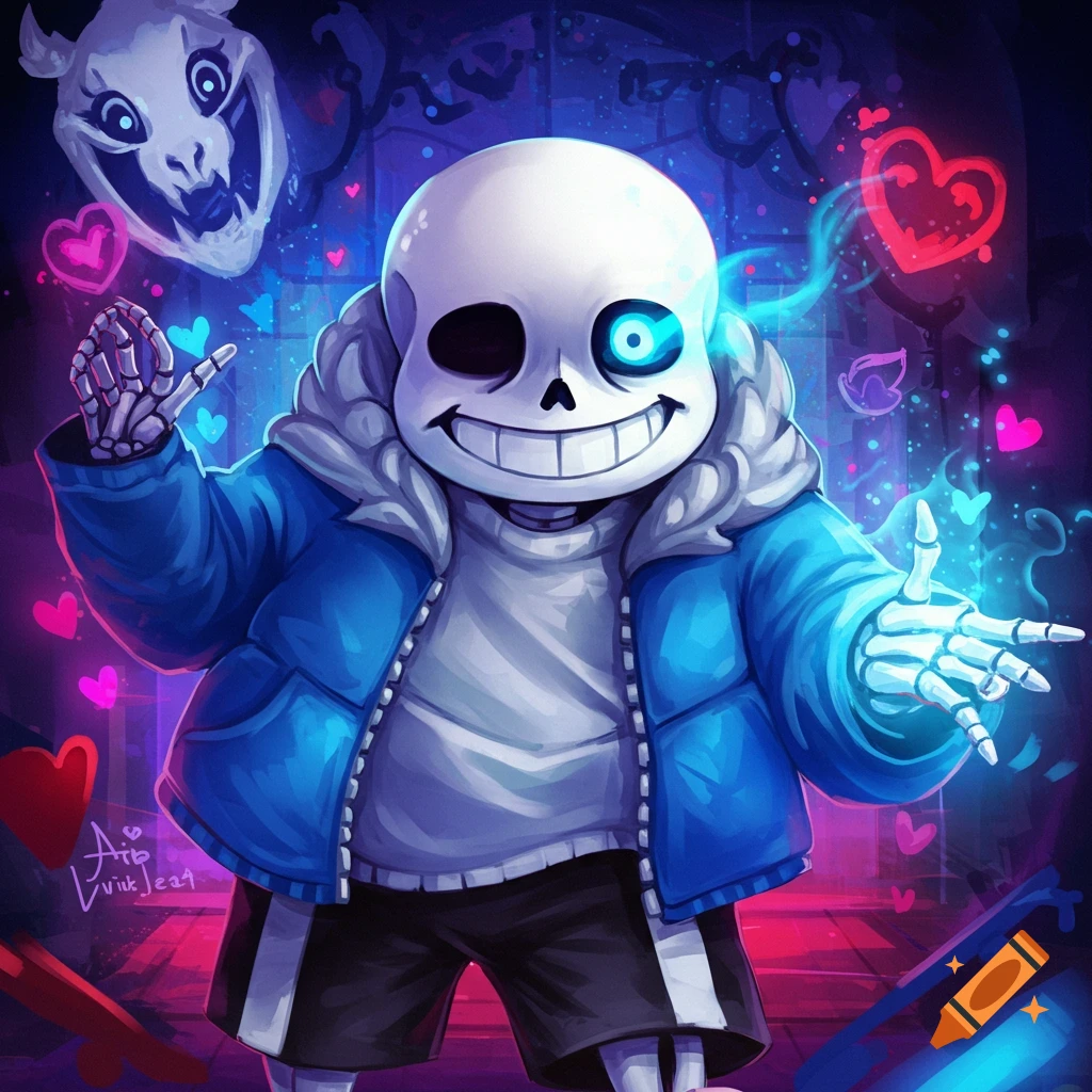 Sans from Undertale with magic effects and hearts in a neon setting.