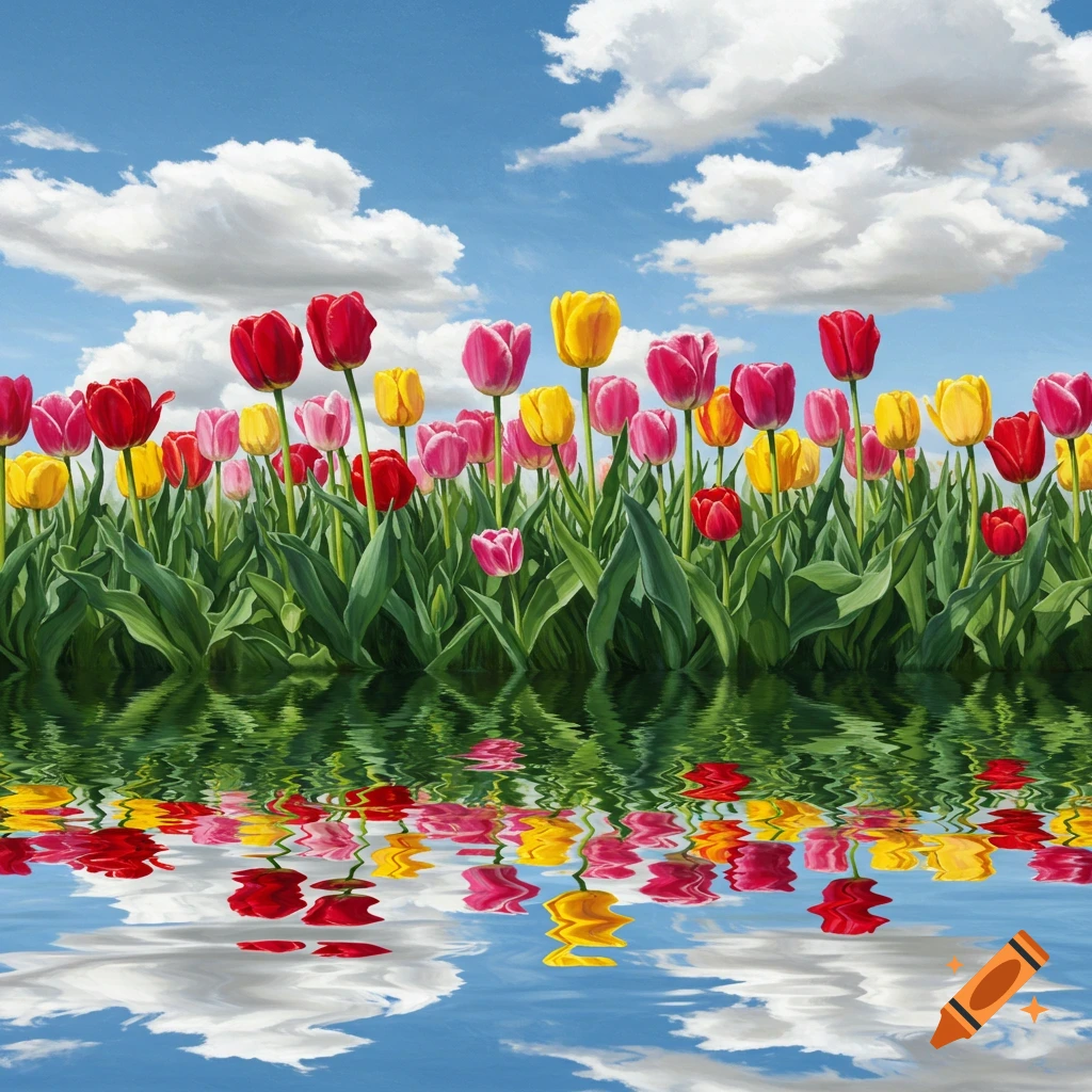 Colorful tulips reflected in water under a cloudy sky.