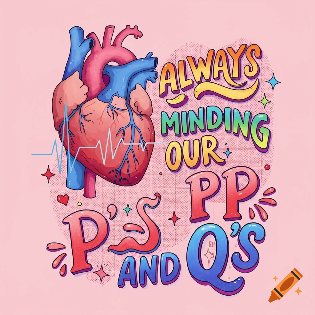 Colorful illustration of a human heart with an EKG line and the text 'ALWAYS MINDING OUR P'S AND Q'S'.