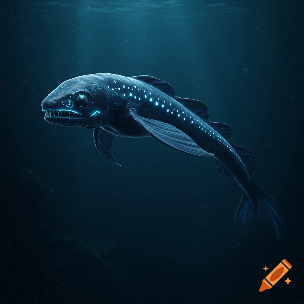 A bioluminescent deep-sea creature with sharp teeth and glowing spots swims in dark water.