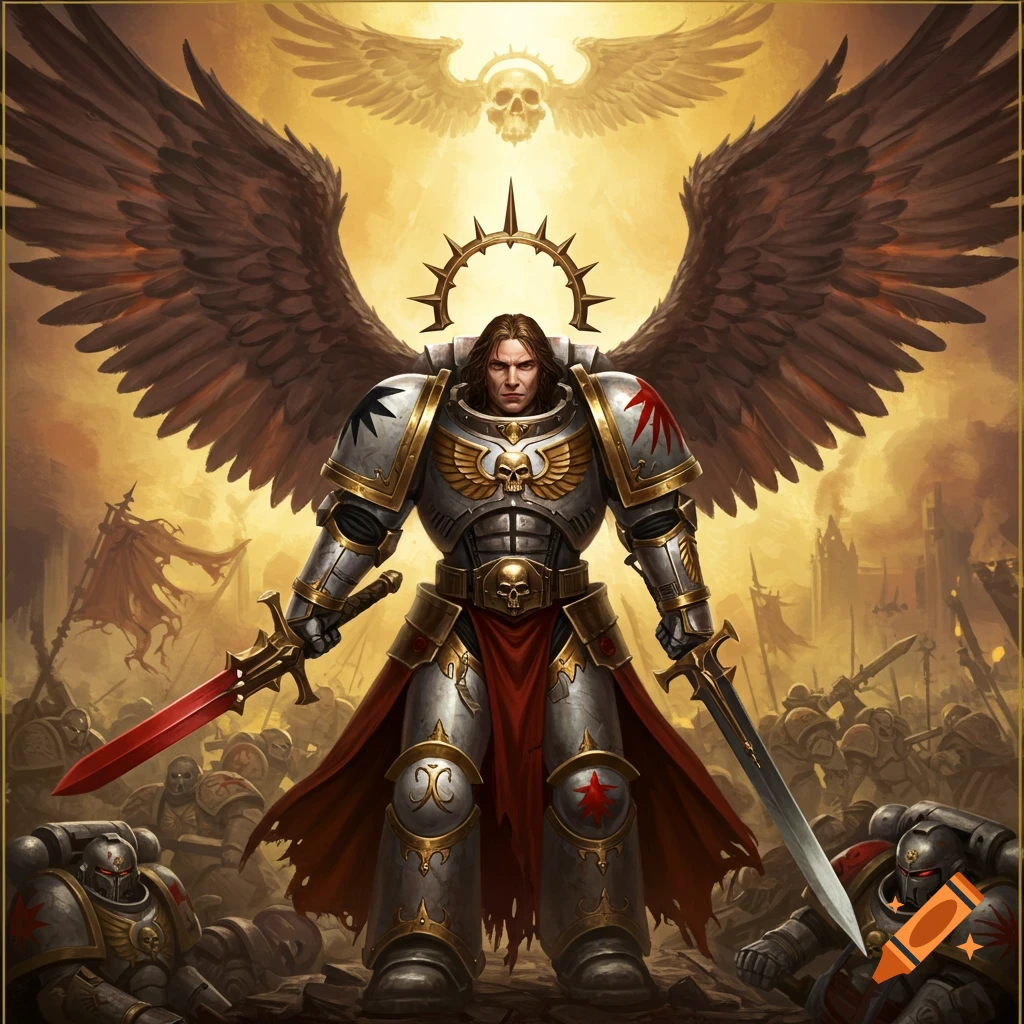A winged warrior in ornate armor stands on a battlefield.