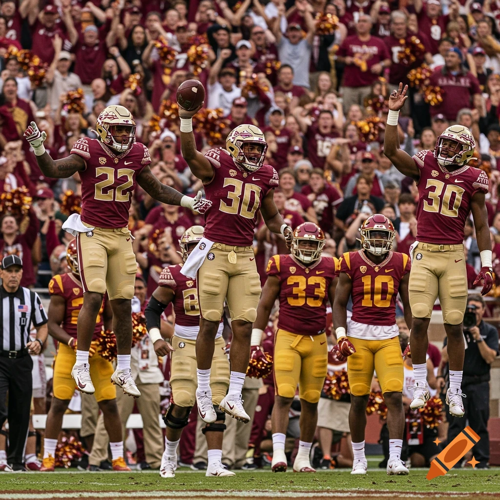 Football players in maroon and gold uniforms jump and celebrate on the field with a crowd behind them.