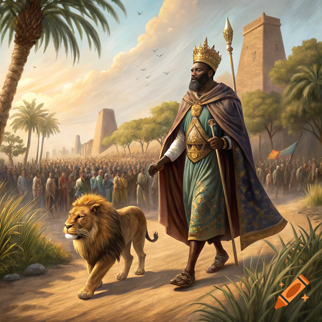 Mansa Musa walks with a lion cub and crowd through medieval Mali landscape.