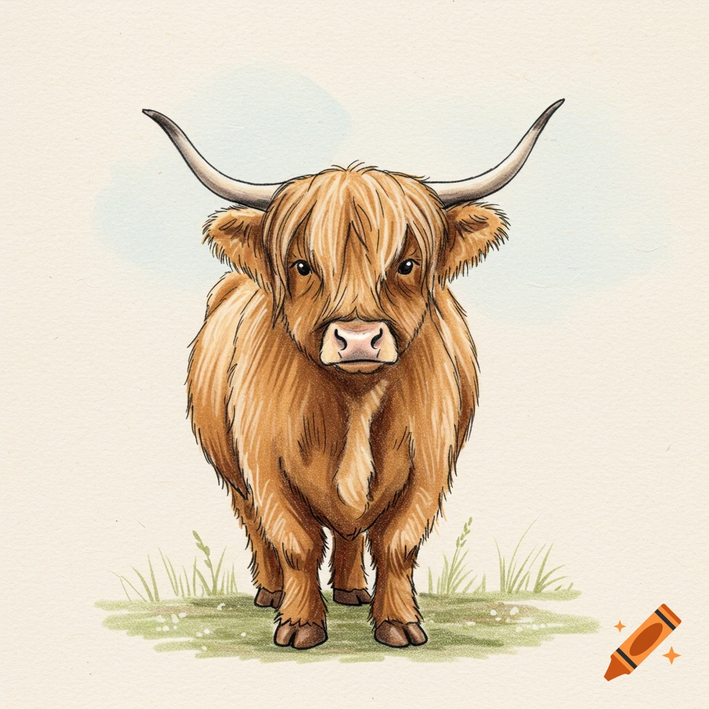 Colored pencil illustration of a Highland cow standing in grass.