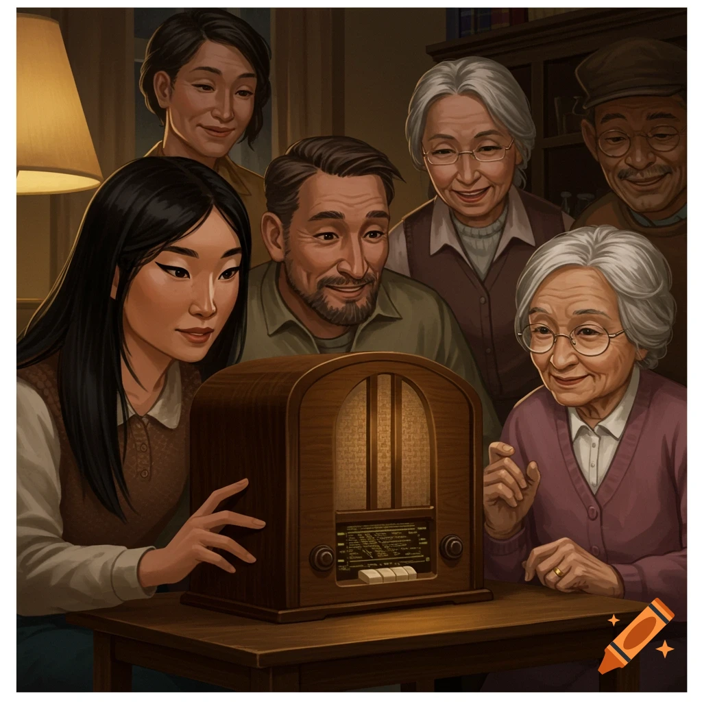 A family gathered around a vintage radio